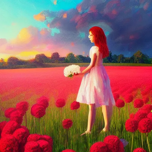 Image similar to head made of carnations, girl standing in a vast flower field, holding flowers, surreal photography, sunrise dramatic light, impressionist painting, colorful clouds, large sky, digital painting, artstation, simon stalenhag, flower face