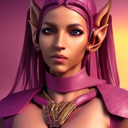 Image similar to portrait of a beautiful female high elf with tan skin, magenta eyey, dark skin. 3 d octane render trending on art station 8 k