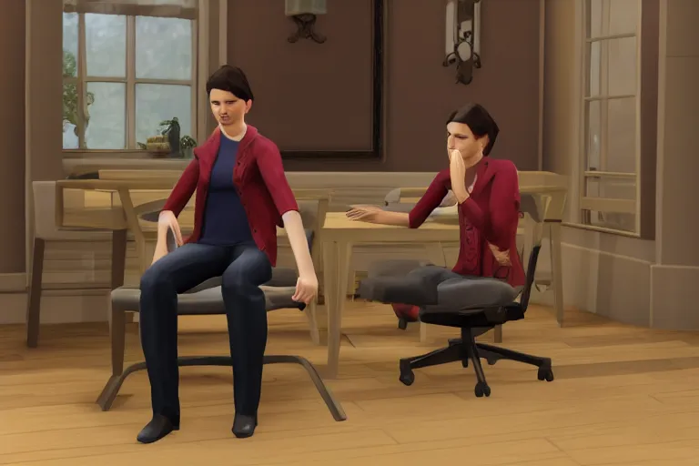 Image similar to a photo of a sim character annoyed at a chair, photorealistic, dramatic, game footage, 8 k