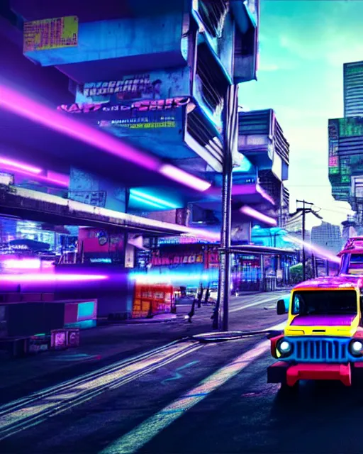 Image similar to philippine jeepney flying through cyberpunk manila city, cgi render, concept art, unreal engine