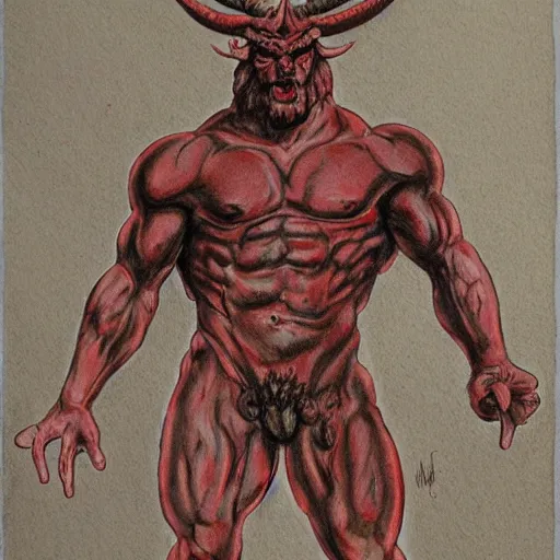 Image similar to full body drawing by Luke Starkie of a muscled horned Satan Devil, red flames in background