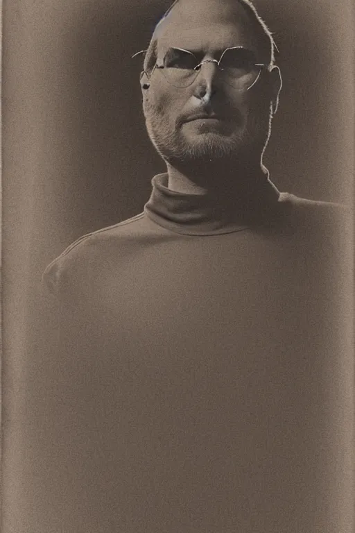 Image similar to steve jobs, outlaw, portrait, full body, symmetrical features, silver iodide, 1 8 8 0 photograph, sepia tone, aged paper, sergio leone, master prime lenses, cinematic