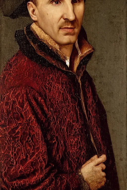 Image similar to portrait of ralph fiennes, oil painting by jan van eyck, northern renaissance art, oil on canvas, wet - on - wet technique, realistic, expressive emotions, intricate textures, illusionistic detail