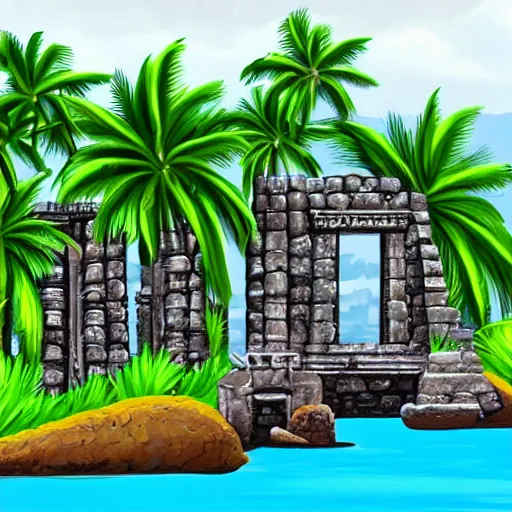 Prompt: ancient ruins in a tropical island viewed from the sea,retrowave art,trending on deviant art