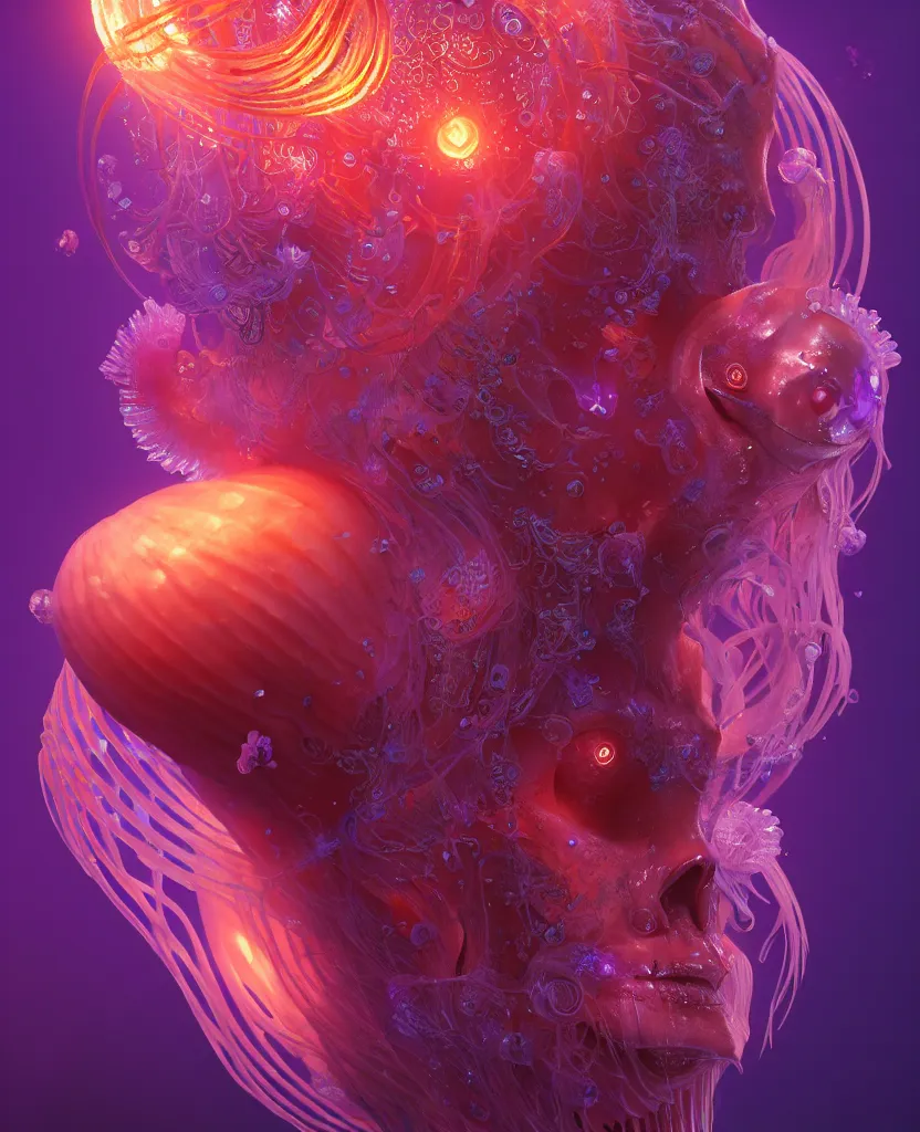 Image similar to goddess close-up portrait. orchid jellyfish phoenix head, nautilus, skull, betta fish, bioluminiscent creatures, intricate artwork by Tooth Wu and wlop and beeple. octane render, trending on artstation, greg rutkowski very coherent symmetrical artwork. cinematic, hyper realism, high detail, octane render, 8k