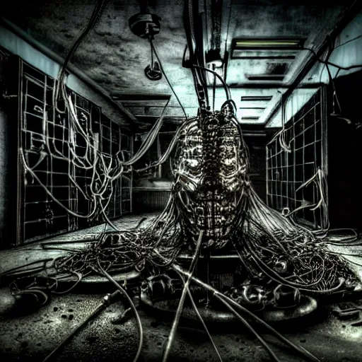 Image similar to a biomechanical cybergoth of dust and ash and wires in a dark grimy bleak room, low key