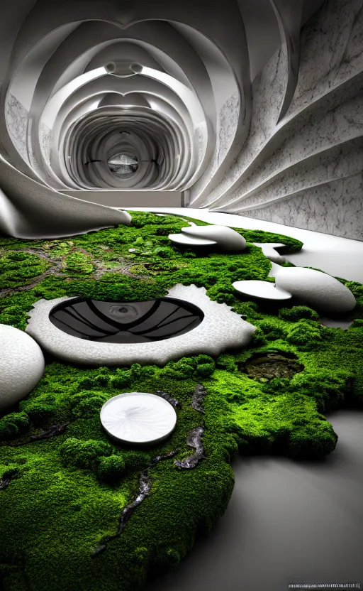 Image similar to highly detailed ultra sharp 3 d render villa interior cinematic composition of a smooth ceramic porcelain biomorphic magnolia stone nebula fluid fractal sci - fi surreal architecture landscape, granite, metallic, magnesium, marble, moss and lichen, vincent callebaut composition, mamou - mani, archviz, beautiful lighting, 8 k, unreal engine, hdr,