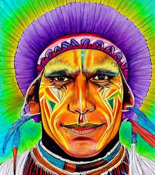 Prompt: Portrait of a shaman dressed in a colorful traditional clothes. His face is painted. Painting in the style of alex grey