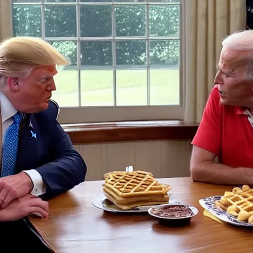 Image similar to photograph of trump and Biden sitting and eating breakfast at a Wafflehouse