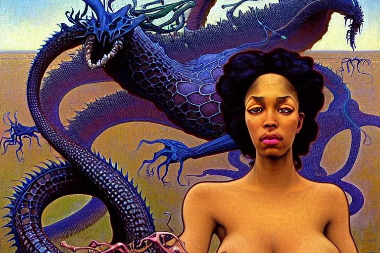 Image similar to realistic extremely detailed closeup portrait painting of a beautiful black woman, mutant dragon and a single old house on background by Jean Delville, Amano, Yves Tanguy, Ilya Repin, Alphonse Mucha, Ernst Haeckel, Edward Robert Hughes, Roger Dean, heavy metal 1981, rich moody colours