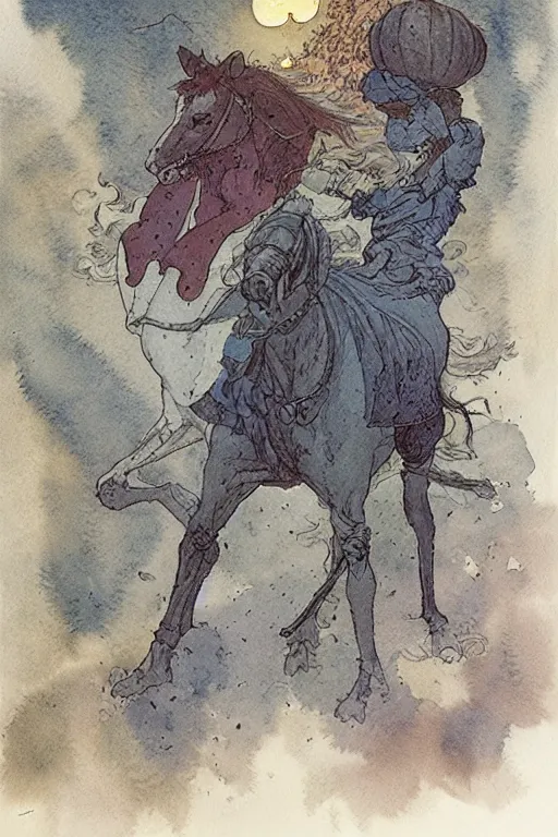 Image similar to a simple and atmospheric watercolour portrait of a the headless horseman on halloween, very muted colors, by rebecca guay, michael kaluta, charles vess and jean moebius giraud