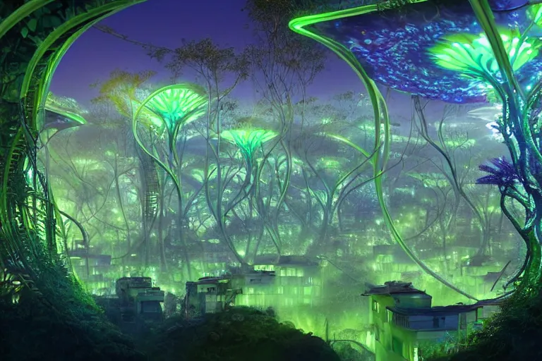 Image similar to futuristic foliage overgrowing favela bioluminescence fungus hive, art nouveau environment, award winning art, epic dreamlike fantasy landscape, ultra realistic,