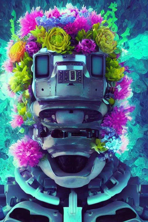 Prompt: closeup, underwater digital painting of a robot wearing a suit made of flowers, character portrait by fillip hodas, cgsociety, panfuturism, made of flowers, holographic, synthwave, vaporwave