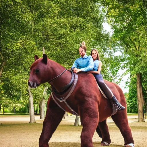 Image similar to equestrian riding a giant bear in the park