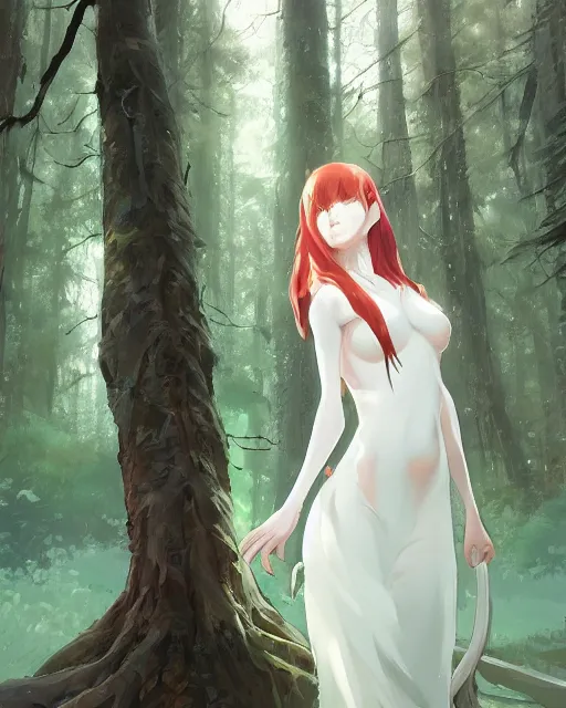 Image similar to a white tribeswoman standing in the woods. By Makoto Shinkai, Stanley Artgerm Lau, WLOP, Rossdraws, James Jean, Andrei Riabovitchev, Marc Simonetti, krenz cushart, Sakimichan, D&D trending on ArtStation, digital art.