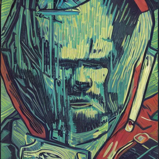 Image similar to Illustrated by Shepard Fairey and Greg Rutkpwski | Cyberpunk Van Gogh with VR helmet, surrounded by cables