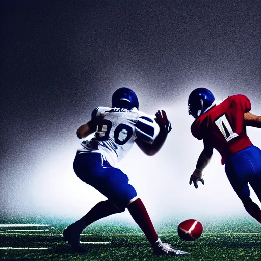 Prompt: low angle shot of football players about to collide, dramatic lighting, shallow depth of field, football players are made of yarn