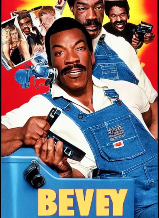 Image similar to an 8 0's john alvin action movie poster starring eddie murphy face as a plumber to rich people. bathroom. overalls. tool belt. the movie is called beverly hills crap