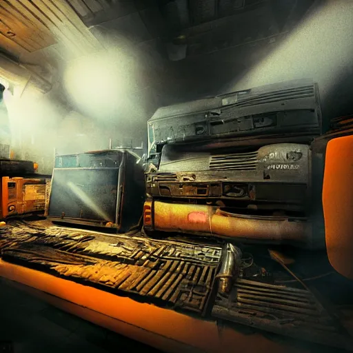 Image similar to original amiga 5 0 0, dark messy smoke - filled cluttered workshop, dark, dramatic lighting, orange tint, cinematic, highly detailed, sci - fi, futuristic, movie still