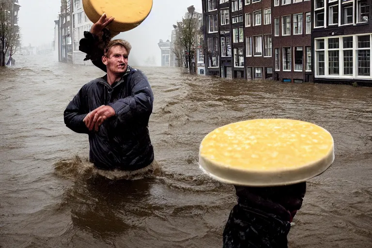 Image similar to closeup potrait of a man carrying a wheel of cheese over his head in a flood in Amsterdam, photograph, natural light, sharp, detailed face, magazine, press, photo, Steve McCurry, David Lazar, Canon, Nikon, focus