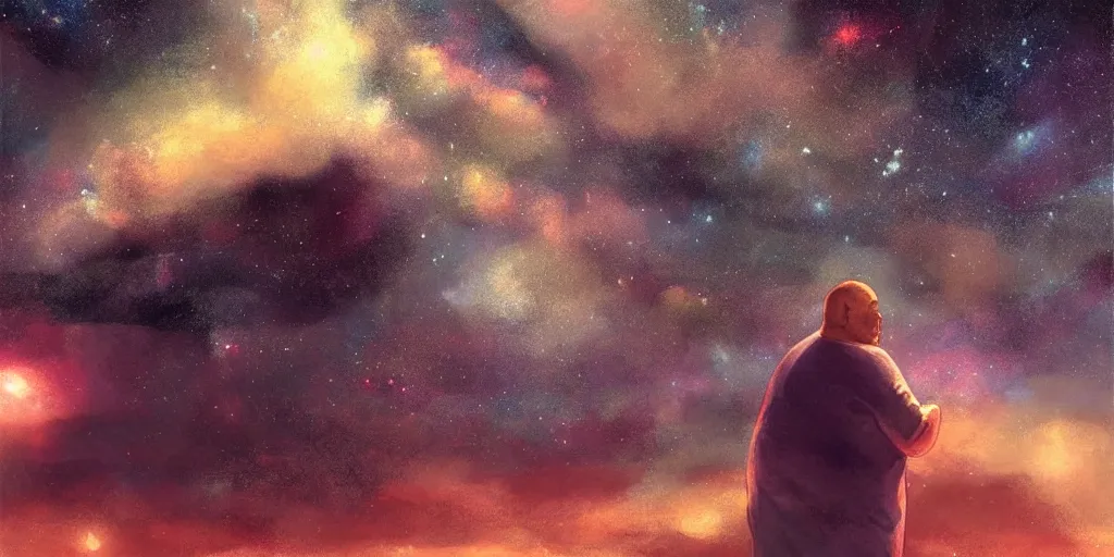 Image similar to fat man depressed in a lonely road, night, galaxy sky, by artgerm, rule of third