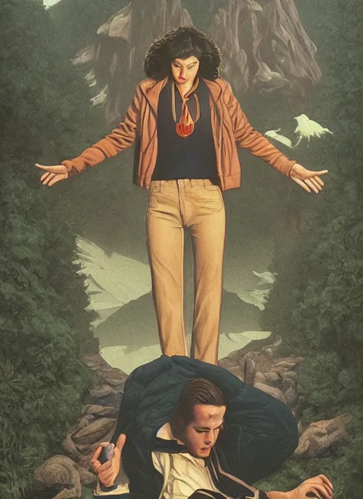 Prompt: twin peaks poster art, by michael whelan, rossetti bouguereau, artgerm, retro, nostalgic, old fashioned, 1 9 8 0 s teen horror novel cover, book, ryan gosling in letterman jacket small town crime scene being hunted by the killer