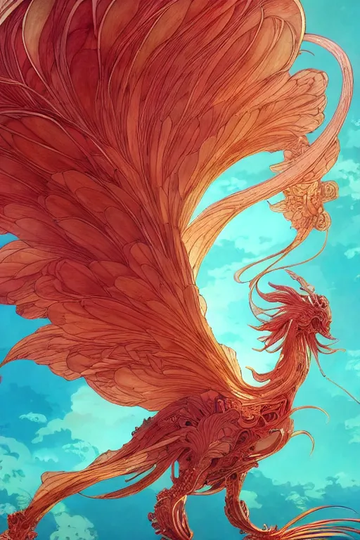 Image similar to a beautiful exquisite delicate hyperdetailed character design 4 k wallpaper illustration of a huge reddish phoenix, victo ngai style, from china, style of studio ghibli, makoto shinkai, raphael lacoste, louis comfort tiffany, denoise, deblurring, artgerm, xision, james jean, ross tran, chinese style