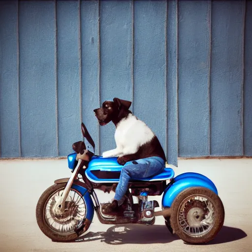 Image similar to blue heeler dog on a motorcycle, 8 k photography, blurred background of a wafflehouse