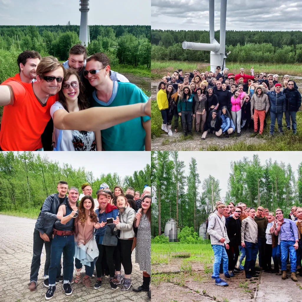 Prompt: group of friends doing a selfie photo outside chernobyl power plant reactor