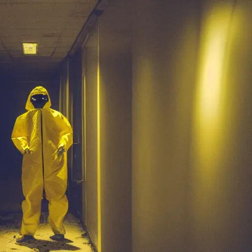 Image similar to a man wearing a yellow hazmat suit inside the very dark empty unsettling creepy backrooms, liminal space, flickering fluorescent lights, eerie mood