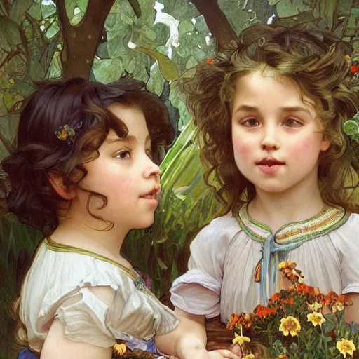 Image similar to a painting of two little children, two siblings, an older sister with curly brown hair and a younger brother with straight blonde hair. they are in a garden. beautiful highly detailed faces. art by artgerm and greg rutkowski and alphonse mucha.