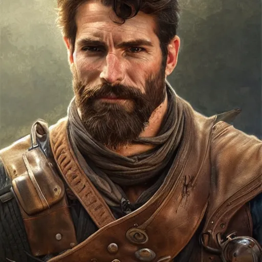 Image similar to portrait of a ruggedly handsome ranger, hands details, muscular, full body, leather, hairy, d & d, fantasy, intricate, elegant, highly detailed, digital painting, artstation, concept art, smooth, sharp focus, illustration, art by artgerm and greg rutkowski and alphonse mucha