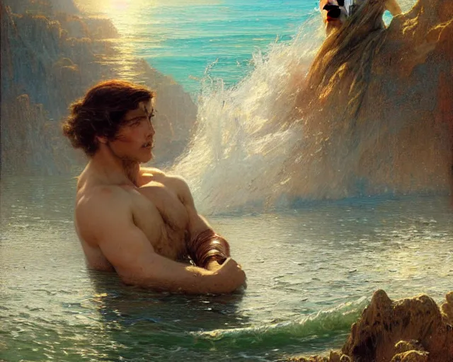 Image similar to attractive male wizard casting powerful wave water spell in a beautiful lake. highly detailed painting by gaston bussiere, craig mullins, j. c. leyendecker 8 k