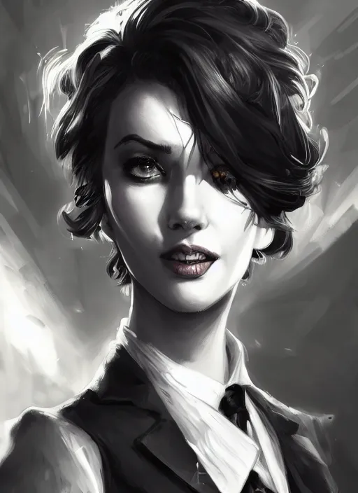 Prompt: a highly detailed illustration of beautiful short black messy haired woman wearing eyepatch and noir style suit and tie, dramatic smiling pose, intricate, elegant, highly detailed, centered, digital painting, artstation, concept art, smooth, sharp focus, league of legends concept art, WLOP