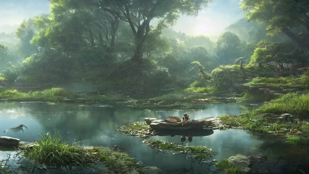 Image similar to a ultradetailed beautiful matte painting of a peaceful pond with a clear water where a vegetal dragon is peacefully sleeping, dynamic lighting, cinematic lighting, lit by morning light, by krenz cushart and artgerm, unreal engine, featured on artstation