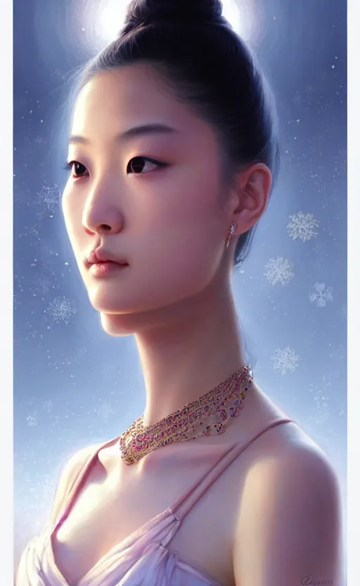 Image similar to a beautiful young charming asian goddess with sundress + jewelry + shinny eyes | | winter, symmetric, realistic shaded, unpleasant face, good looking, fine details, dior, lv, realistic shaded lighting poster by greg rutkowski, macoto takahashi, magali villeneuve, artgerm, jeremy lipkin and michael garmash