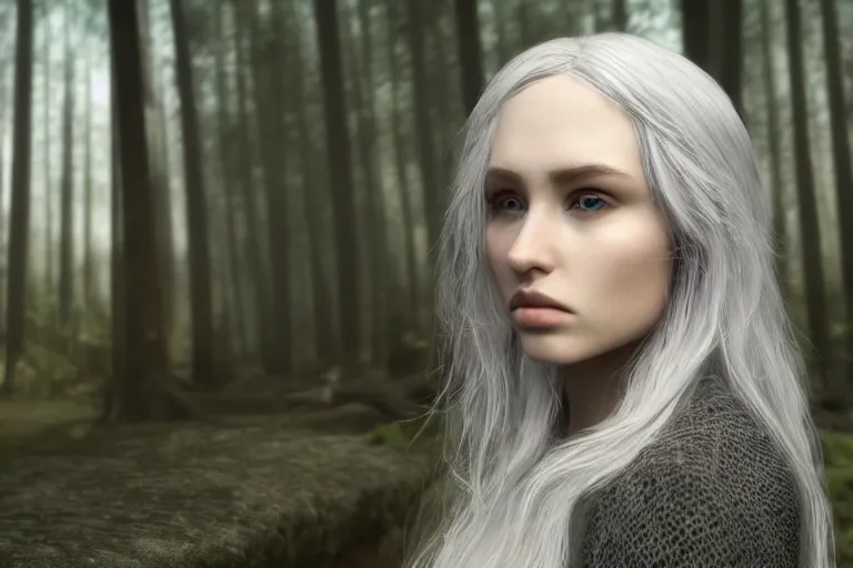 Prompt: hyperrealistic portrait of stunningly beautiful silver haired elvish girl, lit by dawn light, serious face, deep forest on background, trending on artstation,ultrawide angle, f8 , polarizer , unreal engine