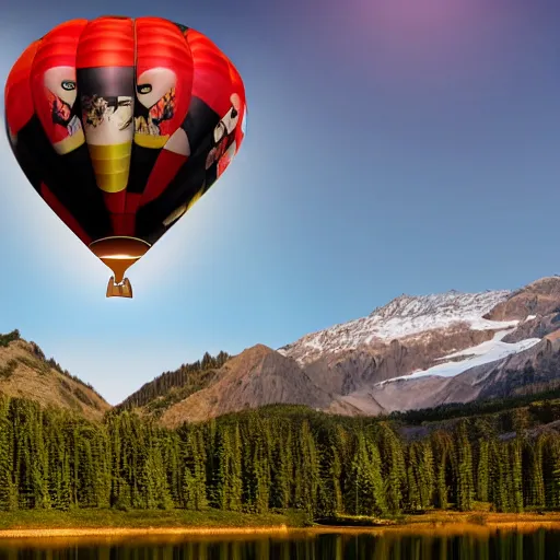 Image similar to Photo of a hot air balloon flying above a reflective mountain lake, the lake has two black swans swimming, touching heads, forming a heart with their necks, beautiful, High resolution photo, intricate, 8k highly professionally detailed, HDR, CGsociety, render