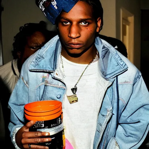 Image similar to asap rocky as a depressed junkie crackhead with a bucket of fish on his head