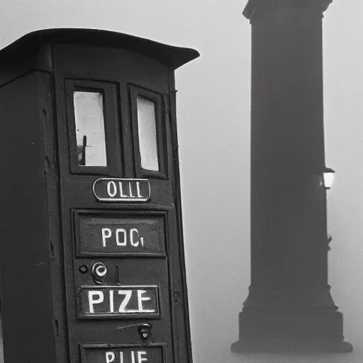 Image similar to A hyperdetailed 1920s era photograph of a Police Public Call Box sat on a street corner, night, dense fog, rain, HD, 8K resolution