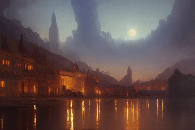 Image similar to a beautiful oil painting of a renaissance city in a serene landscape at night under the horizon line in the upper third by john howe and albert bierstadt and alena aenami and dan mumford and dave noton, unreal engine, trending on behance