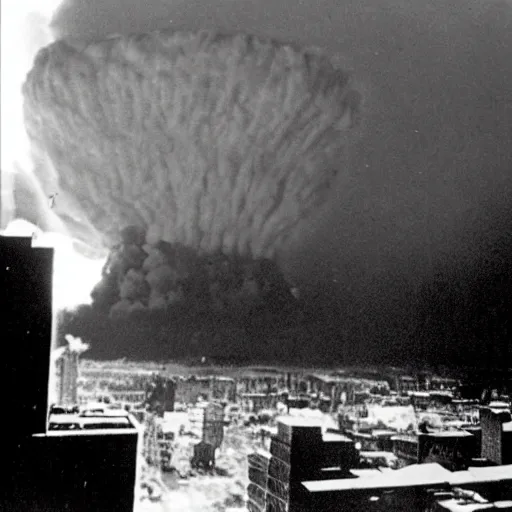 Prompt: dark photo of a nuclear explosion in new york in the year 1 9 5 1, black and white