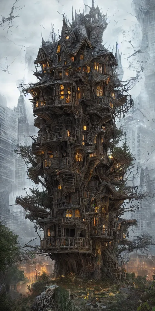 Image similar to ultra realistic and intricate detailed giant villain tech treehouse on the middle of the city, evil, devil, bloody, night, high technology, innovation, Dark evil style, artstation, unreal render, depth of field, ambient lighting, award winning, stunning