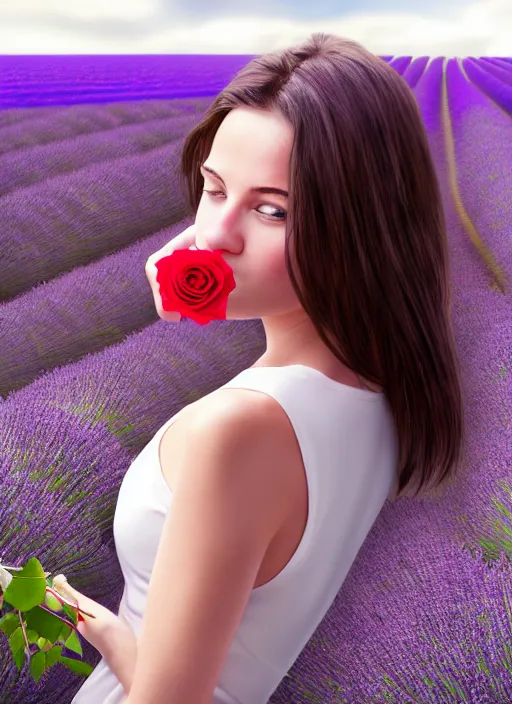 Image similar to girl eating a rose in a lavender field. by AquaSixio, hyperrealistic illustration, digital art, 4k, very detailed faces