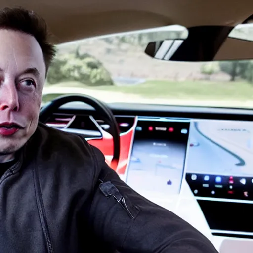 Image similar to “Elon musk the discord moderator who is so white from no sunlight. Eyes red from looking at the screen for too long. Sitting in his Tesla using the car screen as a computer.”