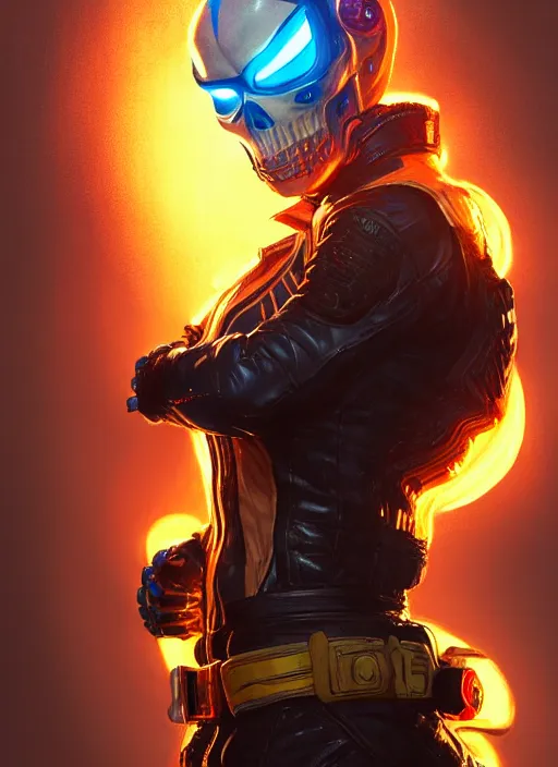 Image similar to portrait of apex legends ghost rider, intricate, elegant, glowing lights, highly detailed, digital painting, artstation, glamor pose, concept art, smooth, sharp focus, illustration, art by artgerm and greg rutkowski, artey freytag