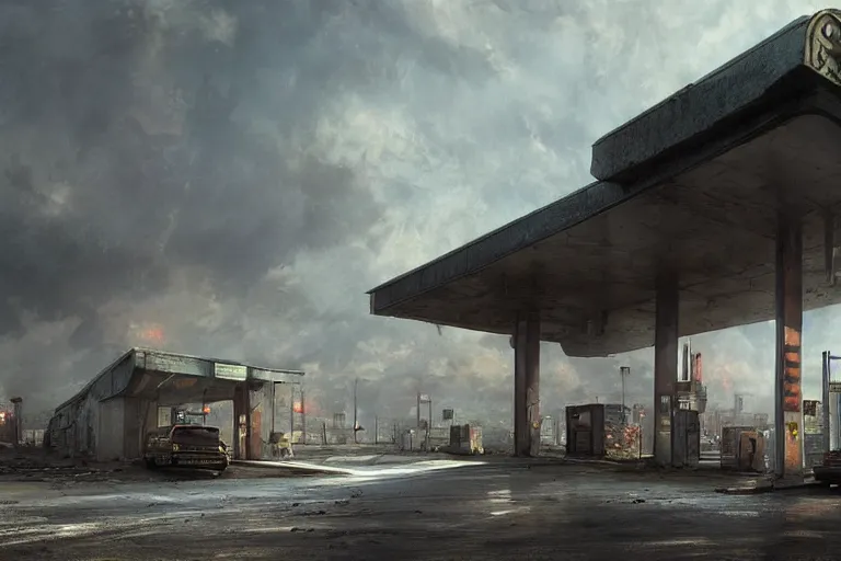 Prompt: highly detailed 4K fantasy matte painting of an abandoned gas station near the road police cruiser parked, dystopian style detailed digital art by Greg Rutkowski and Thomas Kinkade, trending on Artstation