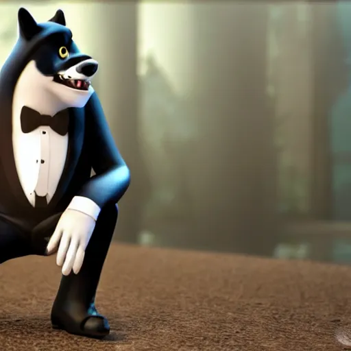 Prompt: a wolf as a gentleman wearing tuxedo on the pixar biome, smooth render, wet reflections, studio lighting, cinematic perspective, full hd