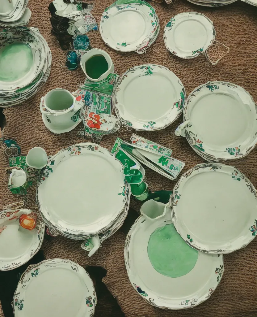 Prompt: spinning plates and saucers about 12 green aliens all playing bingo tea time morning light photo 35mm