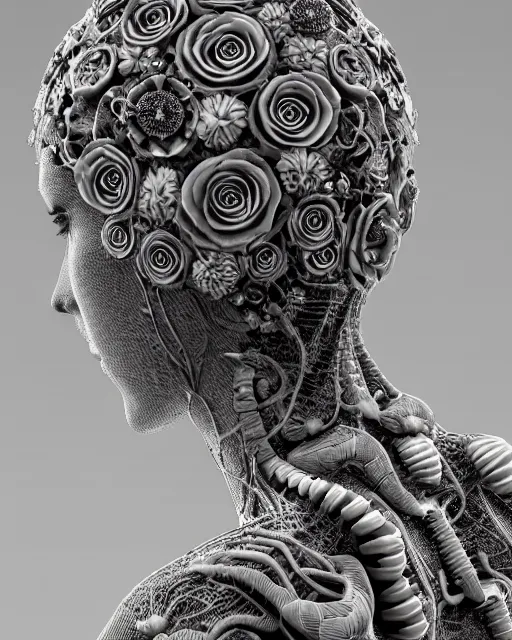 Image similar to mythical dreamy black and white organic bio-mechanical spinal ribbed profile face portrait detail of translucent steampunk beautiful female angelic-human-queen-vegetal-cyborg, highly detailed, intricate trnaslucent ivy jelly ornate, poetic, translucent roses ornate, 3D render, digital art, octane render, 8K artistic photography, photo-realistic, by Dora Maar